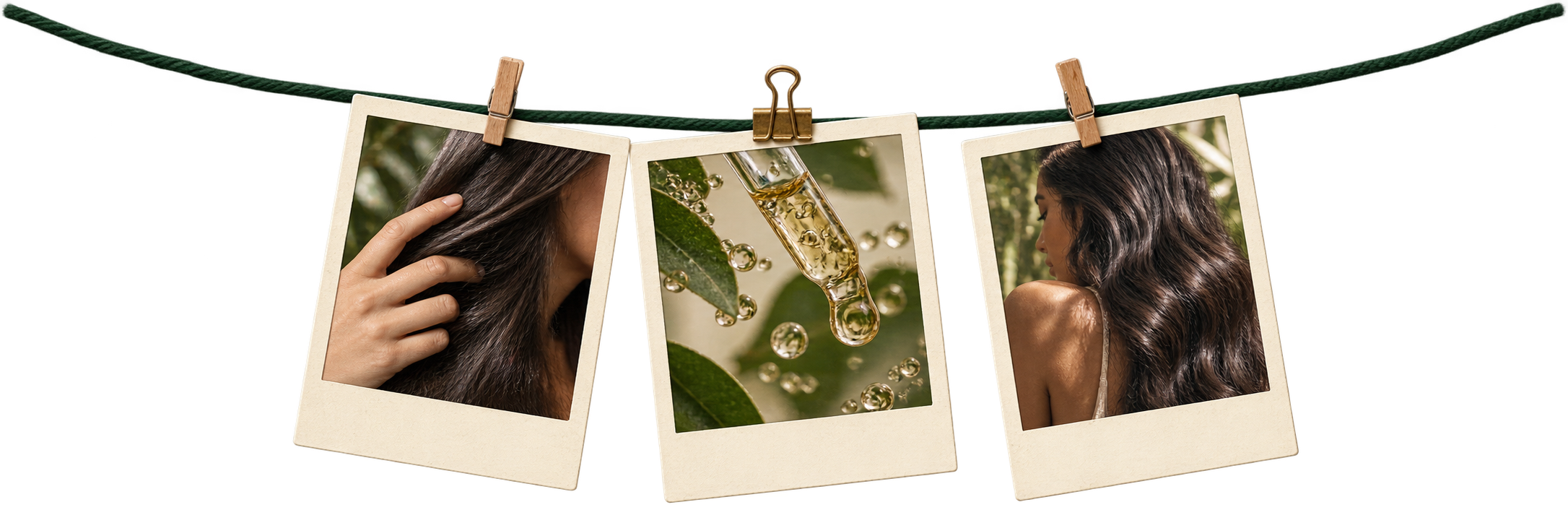 Tres fotografías estilo polaroid de cabello saludable y un sérum botánico, colgadas de un hilo con clips